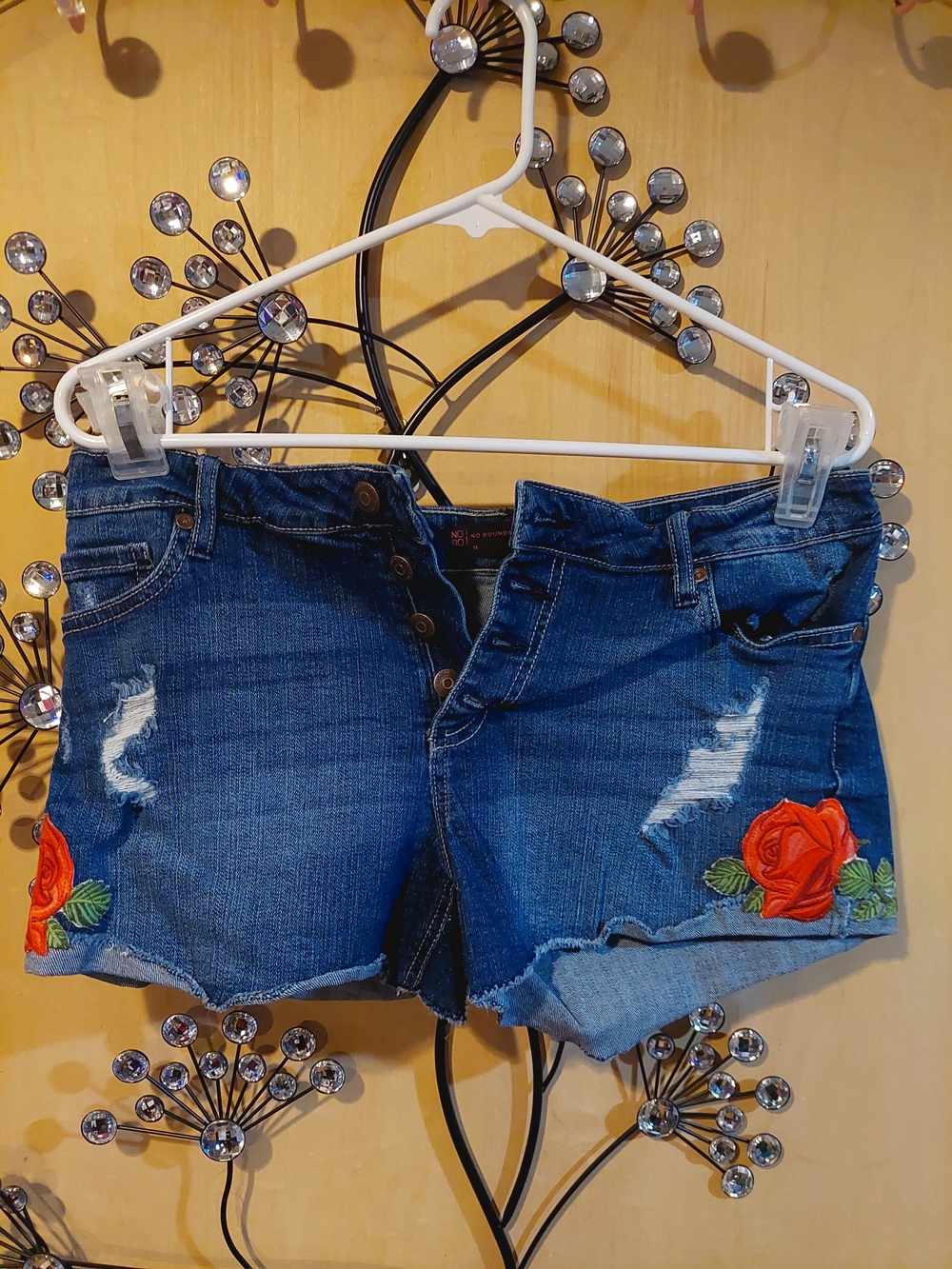 No Boundaries Blue Denim Embroidered Rose Cutoff Shorts